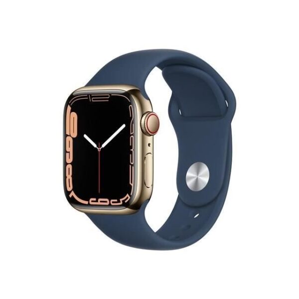 Buy with crypto Apple Watch Series 7 GPS + Cellular - 41mm - Gold stainless steel case - Blue Sport Bracelet ABYSSE-2