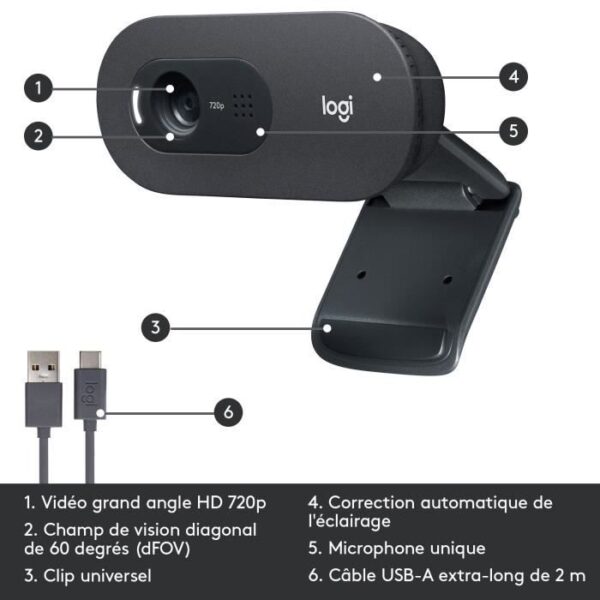 Buy with crypto LOGITECH - HD Webcam C505 - USB HD 720p - Long Range Microphone - Compatible with PC or Mac - Gray Black)-6