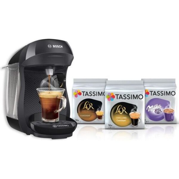 Buy with crypto BOSCH Tassimo HAPPY machine (black) + 3 packs of T-Discs offered. Automatic compact machine with optical barcode reader-1