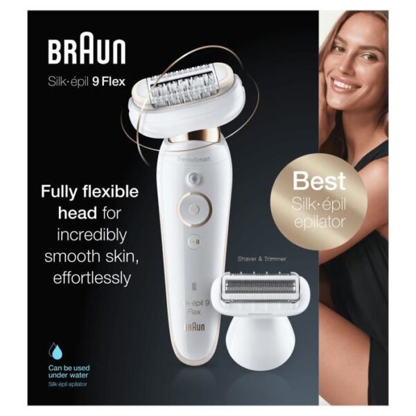 Buy with crypto Braun Silk-épil 9 Flex 9-002 Electric epilator for women - Flexible head - Micro-grip 40 tweezers - SensoSmart - White / Gold-1