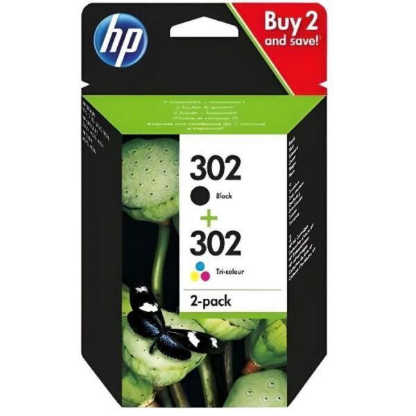 Buy with crypto HP 302 pack of 2 black ink cartridges / three authentic colors for HP DeskJet 2130/3630 and HP OfficeJet 3830 (X4D37AE)-1