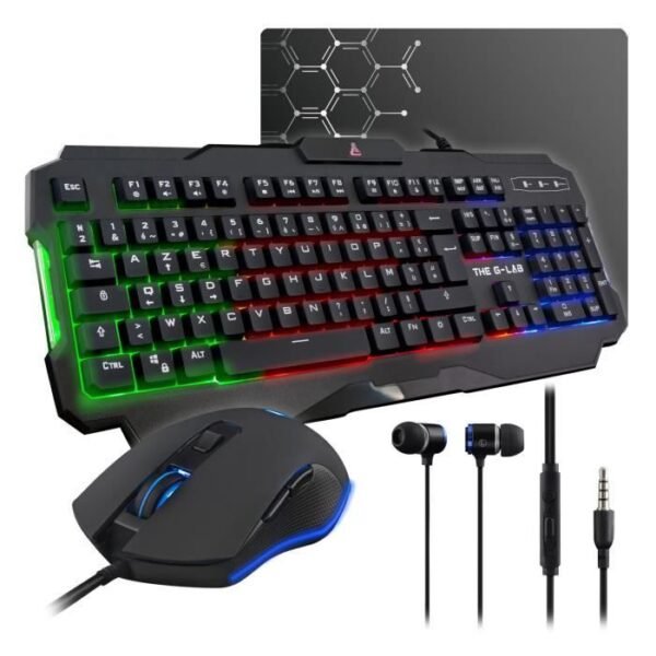 Buy with crypto THE G-LAB COMBO HELIUM Keyboard FR Backlit Performance + Comfort Mouse + In-Ear Headphones + Non-Slip Mat-1
