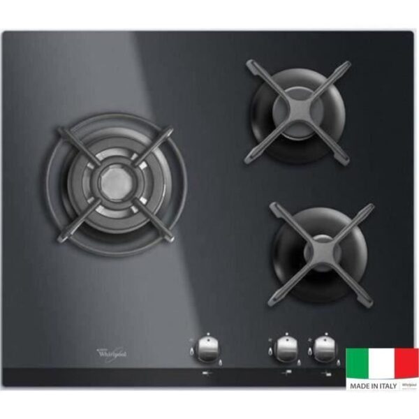 Buy with crypto WHIRLPOOL AKT404NB Gas Cooktop - 3 burners - 6350W - L59 x D51cm - Tempered glass coating - Black-1